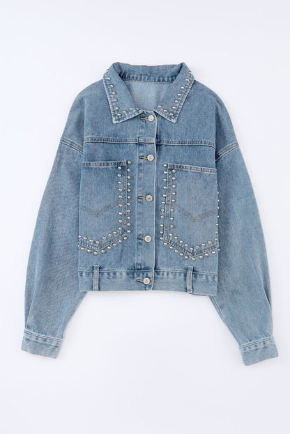 Blue Studded Button Up Light Wash Cropped Denim Jacket