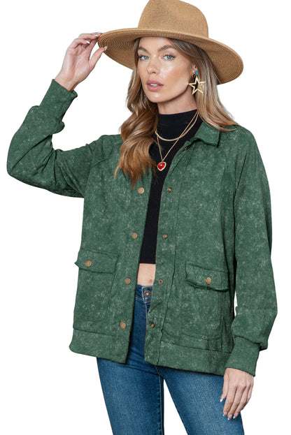 Gray Snap Button Casual Flap Pockets Washed Jacket