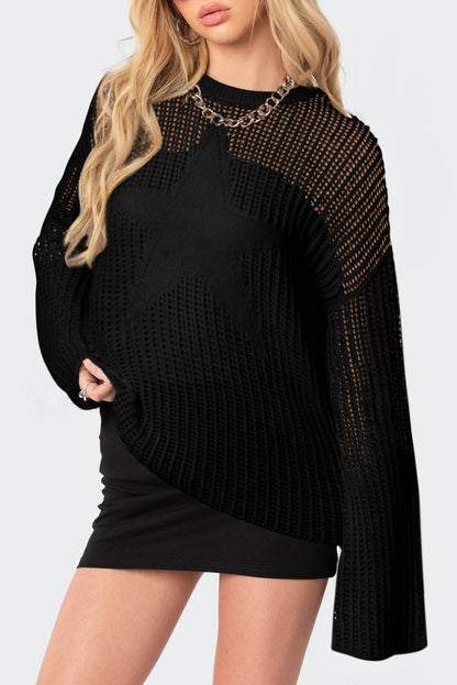 Black Star Pattern Lightweight Hollow Knit Sweater
