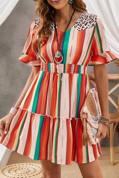 Multicolor Striped and Leopard Print Flounce Hem Short Dress