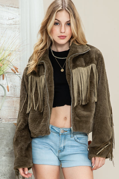 Pink Fringed Full Zipper Fleece Jacket