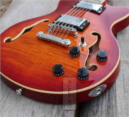 12 String Cherry Sunburst Electric Guitar, Semi Hollow Body, Abalone Flower Inlay, Flame Maple Top