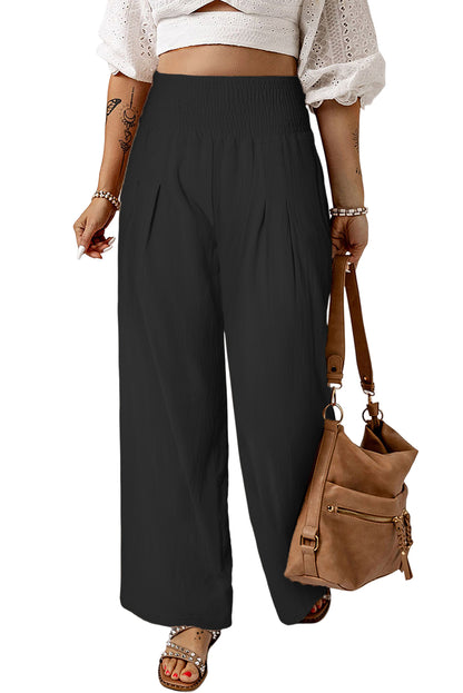 Brown Smocked Wide Waistband High Waist Wide Leg Pants