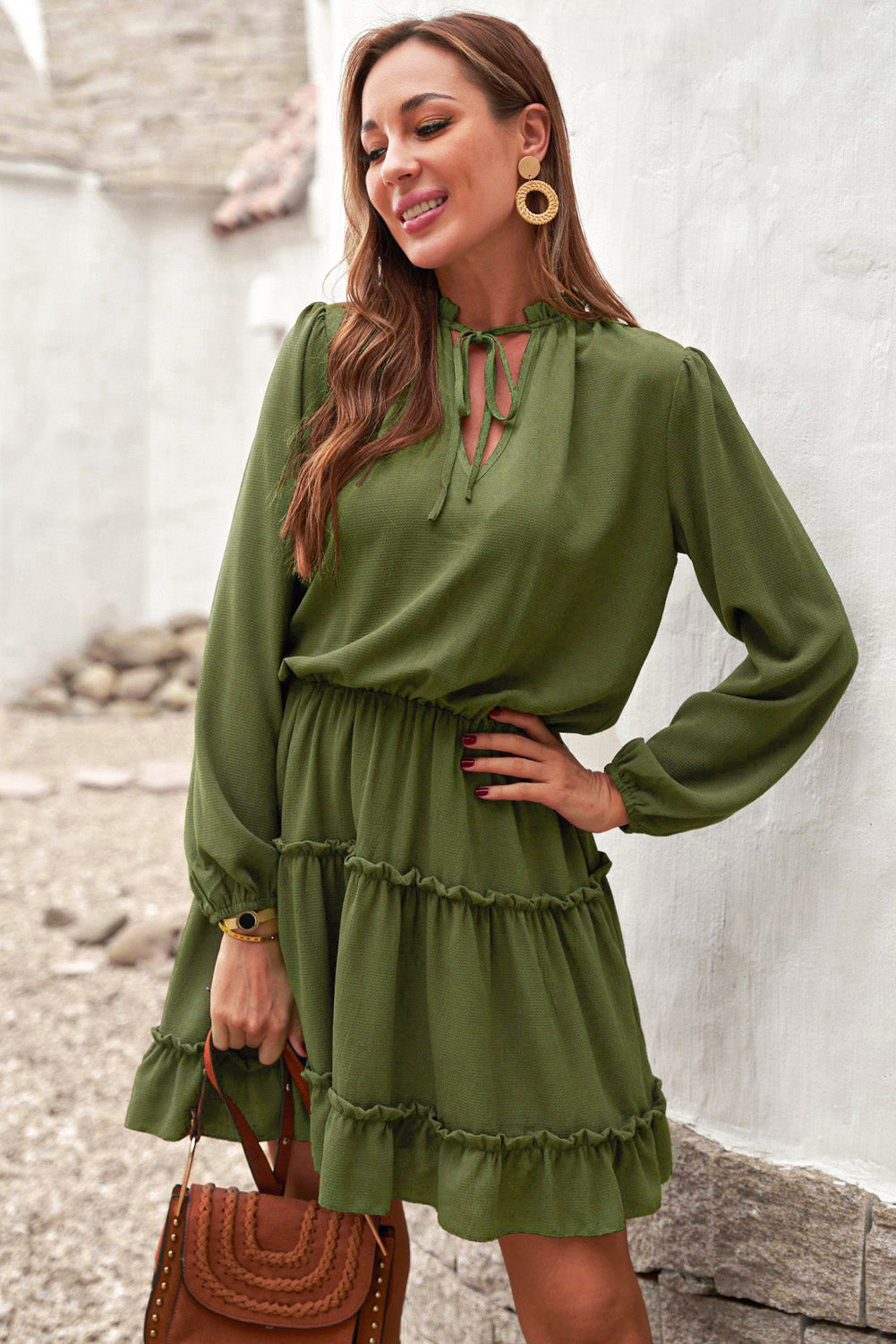 Olive Green Casual Lantern Sleeve V Neck Short Tiered Dress