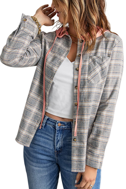 Khaki Drawstring Plaid Hooded Shirt Shacket