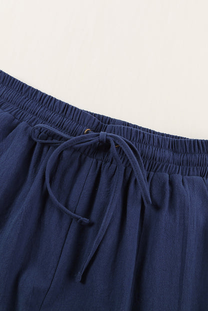 Dark Blue Pocket Drawstring Elastic Waist Straight Leg Pants