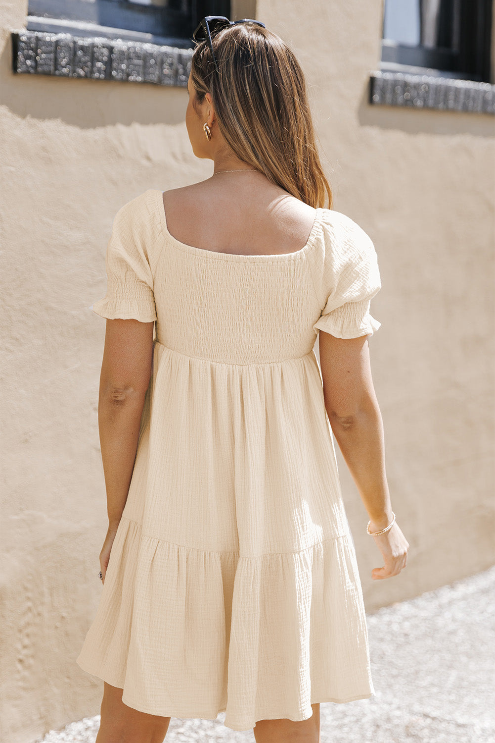 Apricot Puff Sleeve Square Neck Smocked Babydoll Dress
