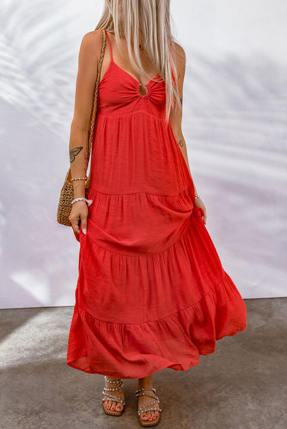 Red O-ring Smocked Back Spaghetti Straps Tiered Boho Dress
