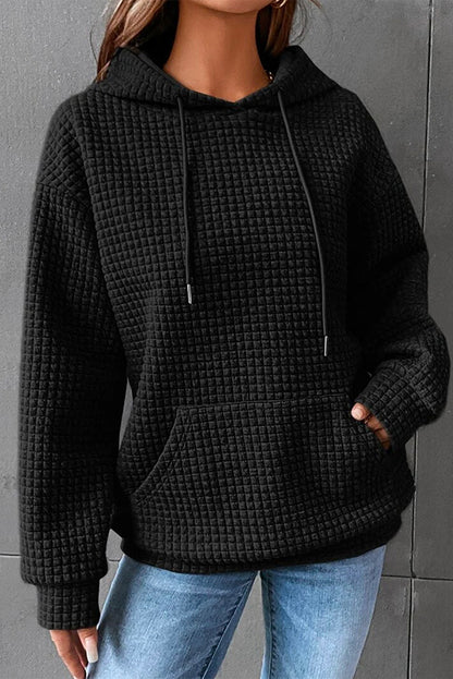 Khaki Lattice Textured Kangaroo Pocket Drawstring Hoodie