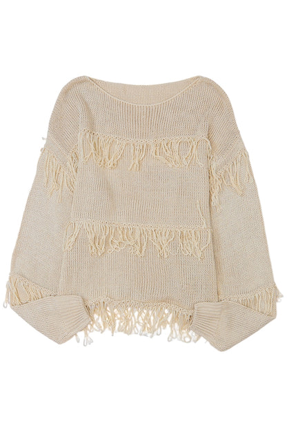 Green Boho Fringe Tasseled Knitted Sweater