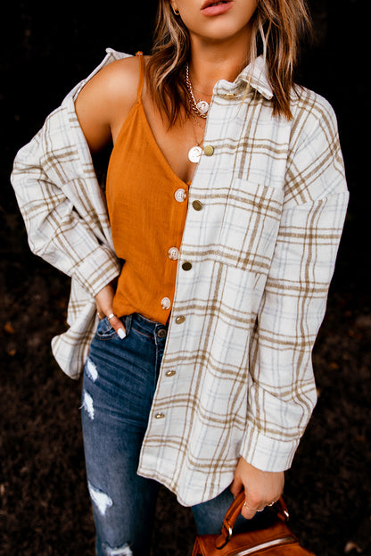 Black Casual Plaid Pattern Buttoned Shirt Shacket with Slit