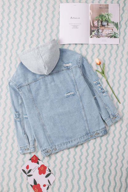 Light Blue Button Up Ripped Hooded Denim Jacket