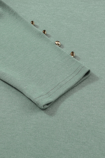 Green Basic Buttoned Puff Long Sleeve Sheath Top