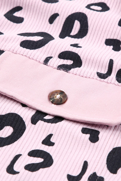 Apricot Leopard Collared Neckline Flap Pockets Corduroy Shacket