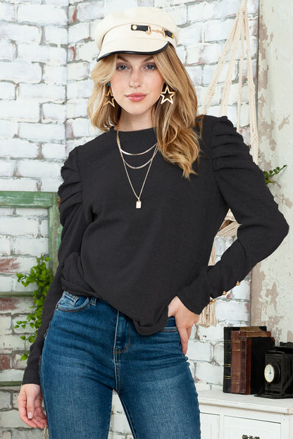 Green Basic Buttoned Puff Long Sleeve Sheath Top