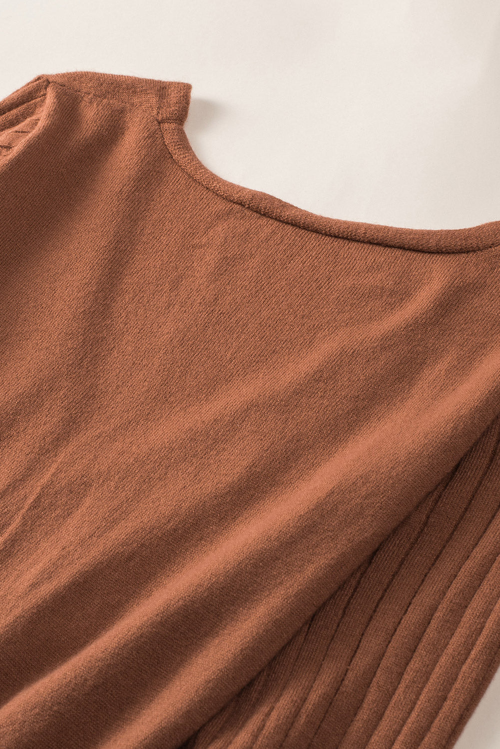 Brown Belted Wrap V Neck Ribbed Pleated Sweater Dress