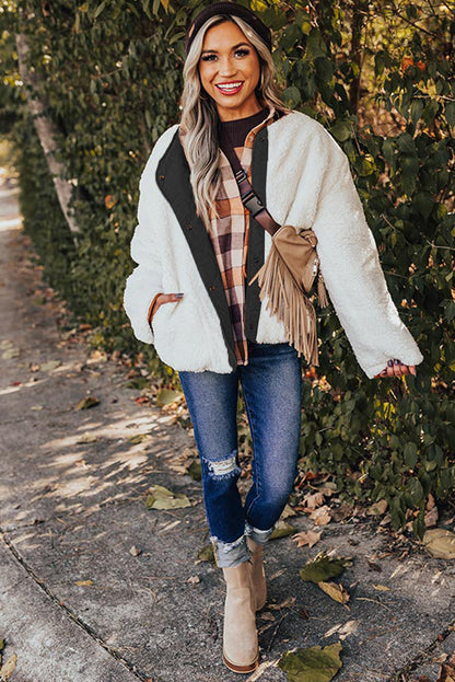 Black Snap Button Furry Reversible Quilted Coat