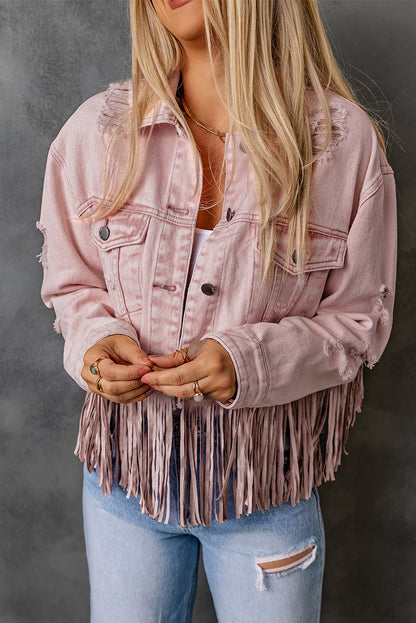 Pink Distressed Ripped Fringe Hem Cropped Denim Jacket