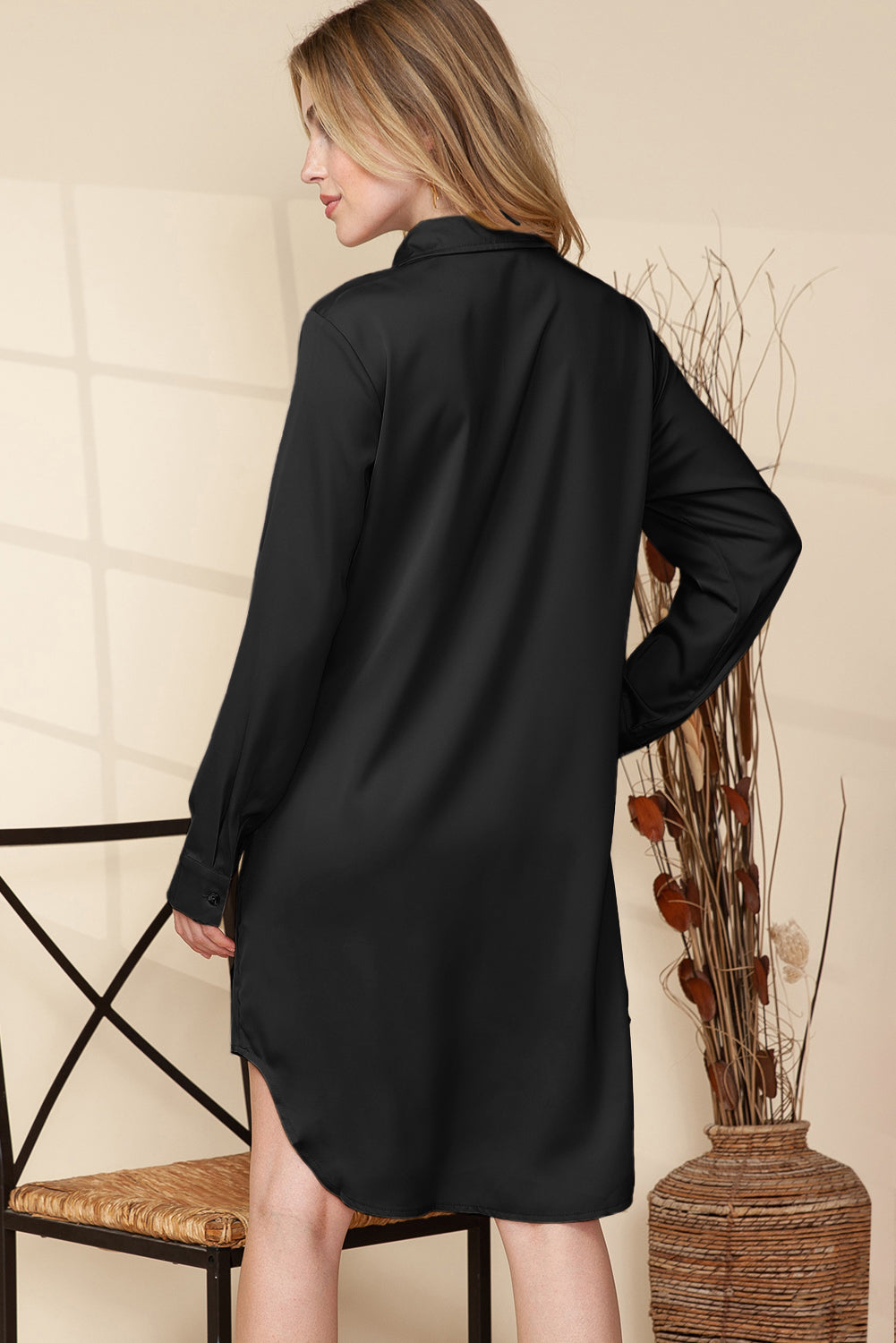 Khaki Sequin Splicing Pocket Button Shirt Dress
