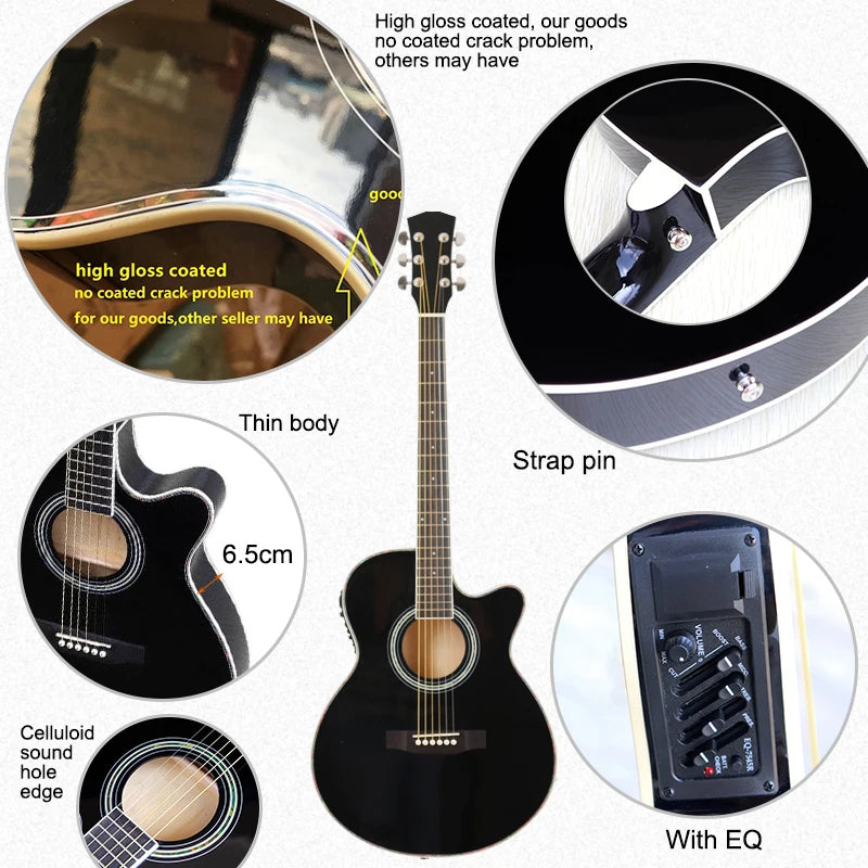 40" Beginner's Thin Body Acoustic Electric Guitar Kit with Accessories - Various Colours