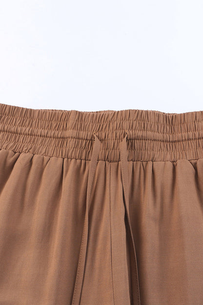 Black Casual Drawstring Shirred Elastic Waist Wide Leg Pants