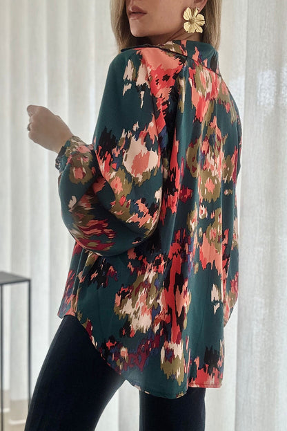 Green Graffiti Colorblock Casual V Neck Puff Sleeve Blouse