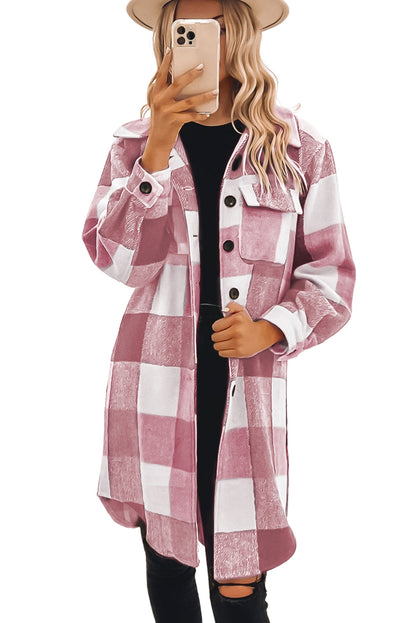 Khaki Plaid Colorblock Button Down Flap Pocket Long Shacket