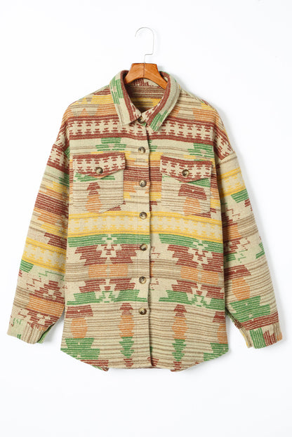 Multicolor Button Up Flap Pockets Geometric Jacket for Women