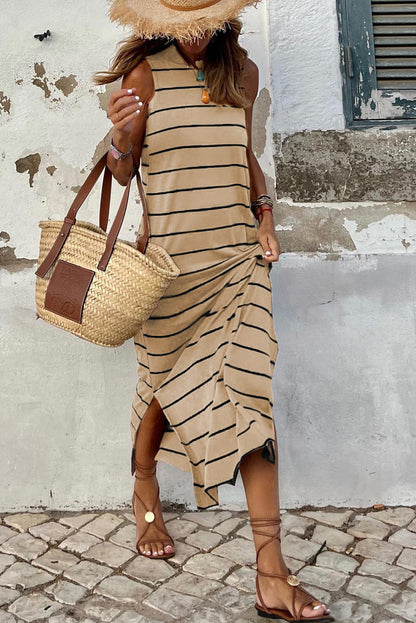 Brown Striped Backless Casual Side Slits Maxi Dress