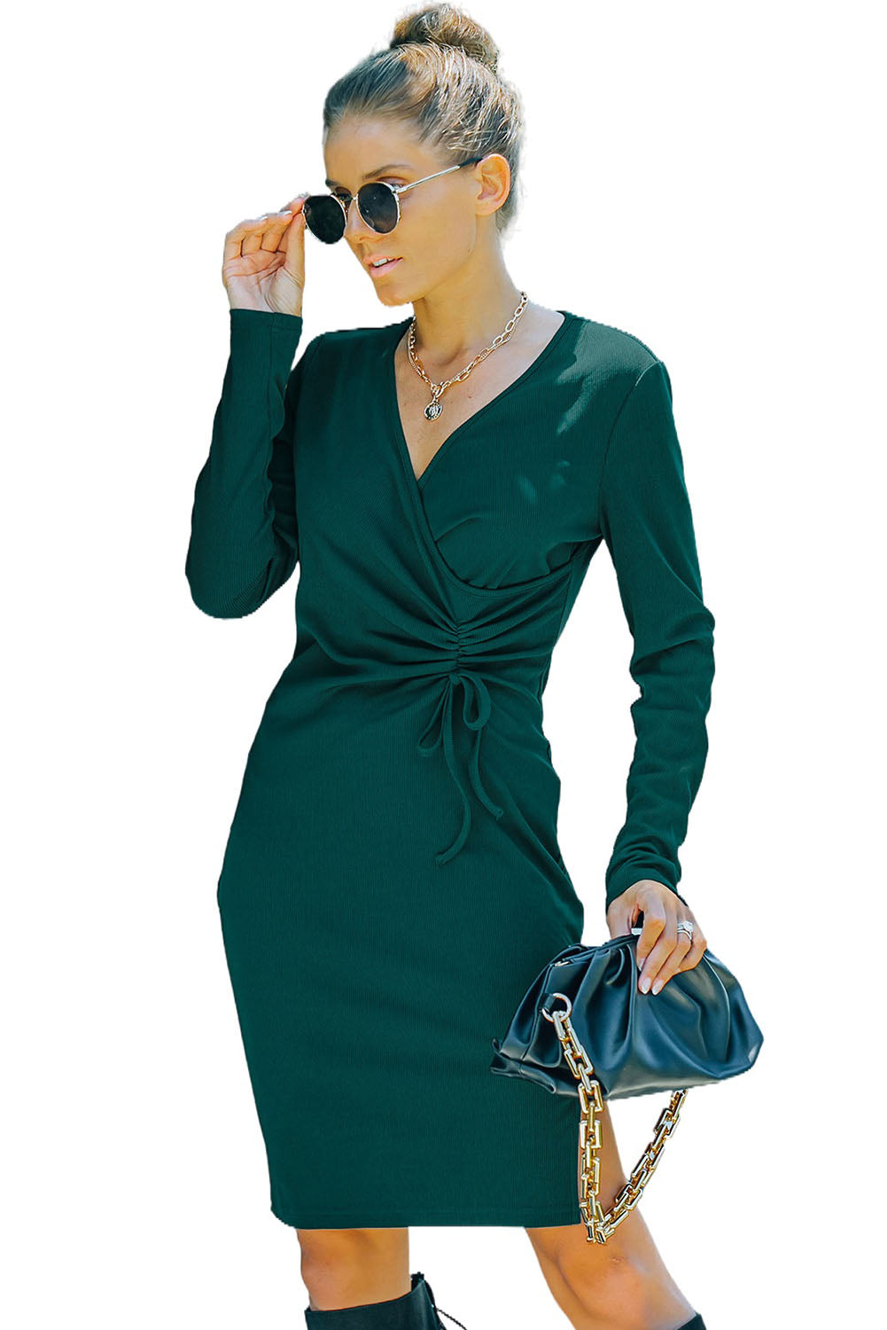Green V-Neck Casual Drawstring Ruched Midi Dress
