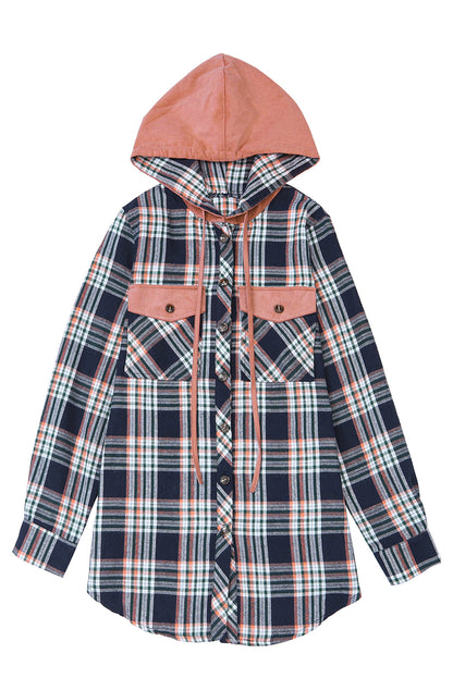 Pink Plaid Contrast Hooded Drawstring Shacket