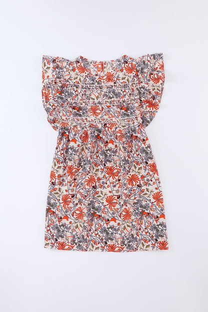 White Round Neck Ruffled Flutter Floral Short Dress
