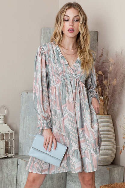 Multicolor Abstract Print Bishop Sleeve Smocked V Neck Dress