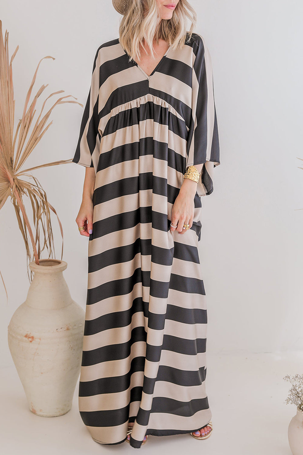 Black Striped Colorblock Flounce Sleeve Floor Length Dress