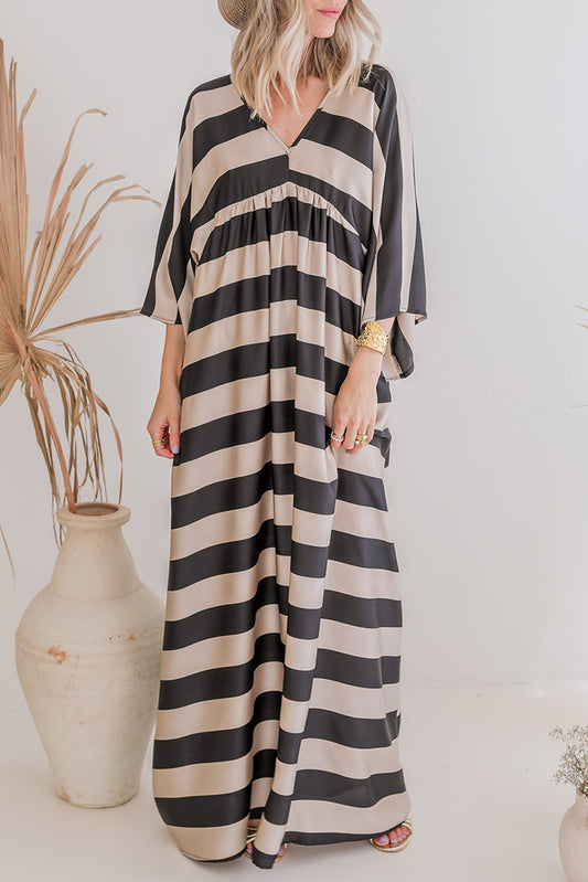 Black Striped Colorblock Flounce Sleeve Floor Length Dress