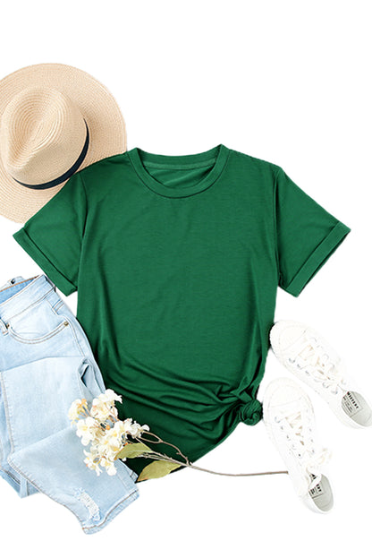 Green Plain Solid Color Crew Neck Tee
