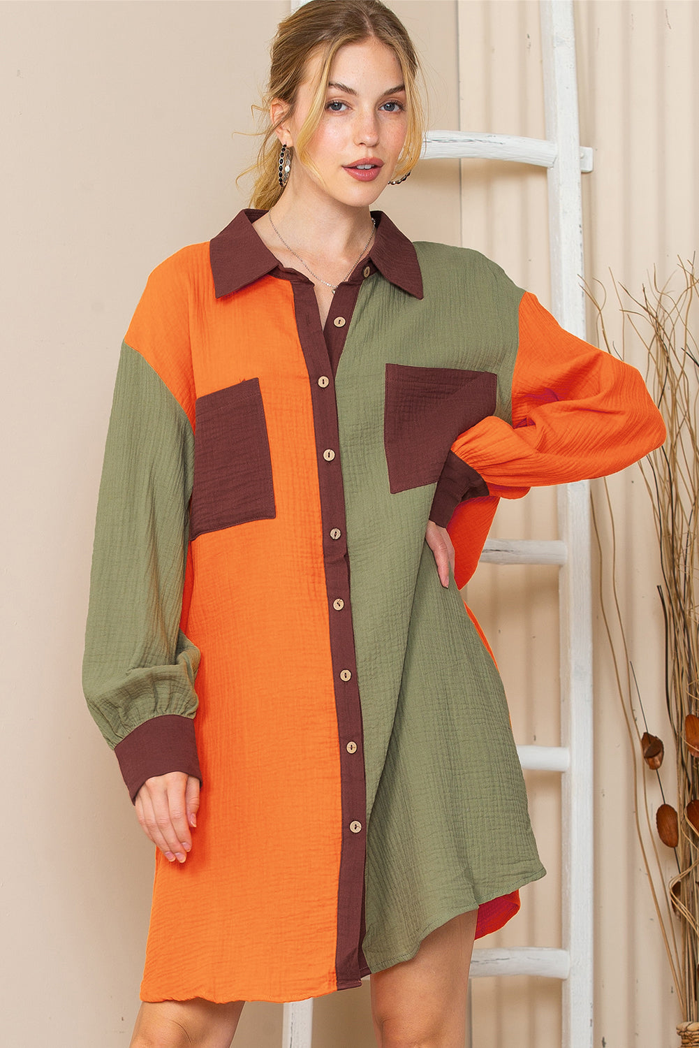 Brown Crinkled Patchwork Button Up Loose Mini Dress