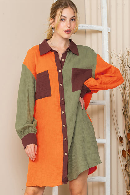 Brown Crinkled Patchwork Button Up Loose Mini Dress