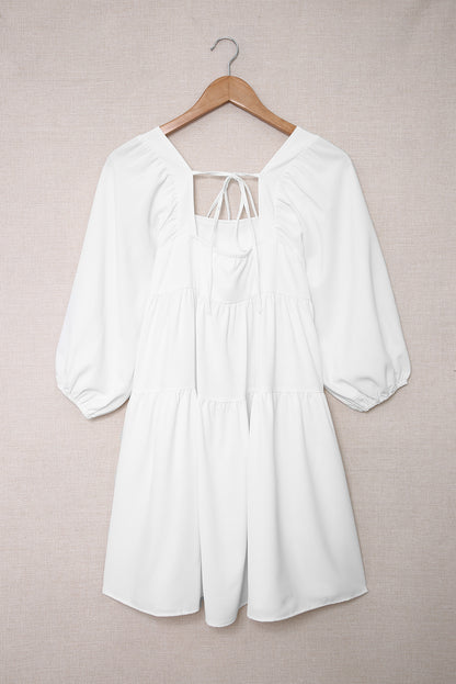 White Square Neck Ruched Casual Short Dress