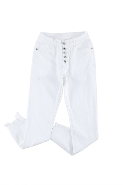 White Plain Buttons Frayed Raw Hem High Waist Denim Jeans
