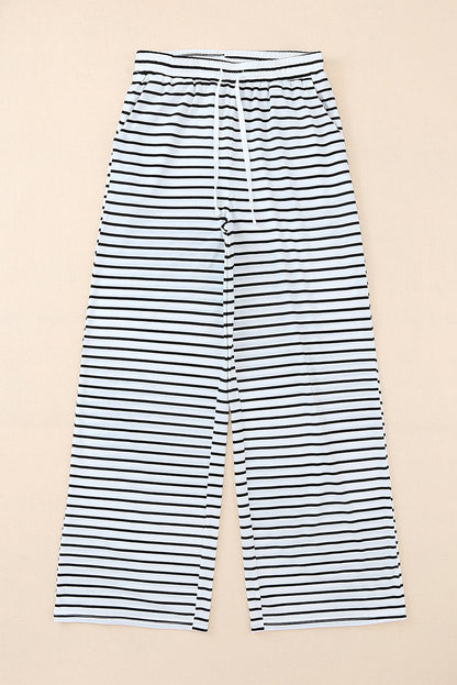 White Striped Casual Drawstring Wide Leg Pants with Pockets