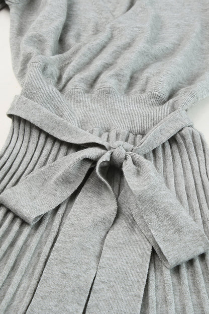 Brown Belted Wrap V Neck Ribbed Pleated Sweater Dress