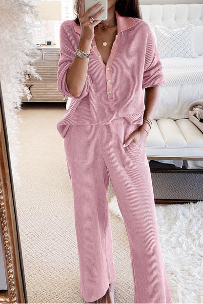 Black Ribbed Henley Shirt and Wide Leg Pants Loungewear Set