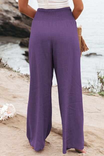 Brown Smocked Wide Waistband High Waist Wide Leg Pants