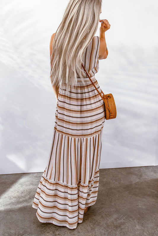 Khaki Casual Striped Split Sleeveless Maxi Dress