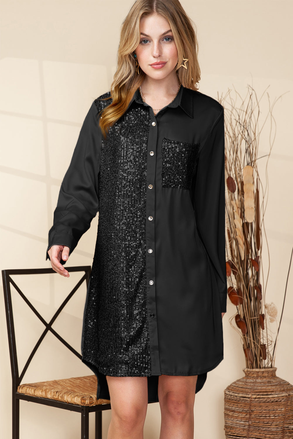 Khaki Sequin Splicing Pocket Button Shirt Dress
