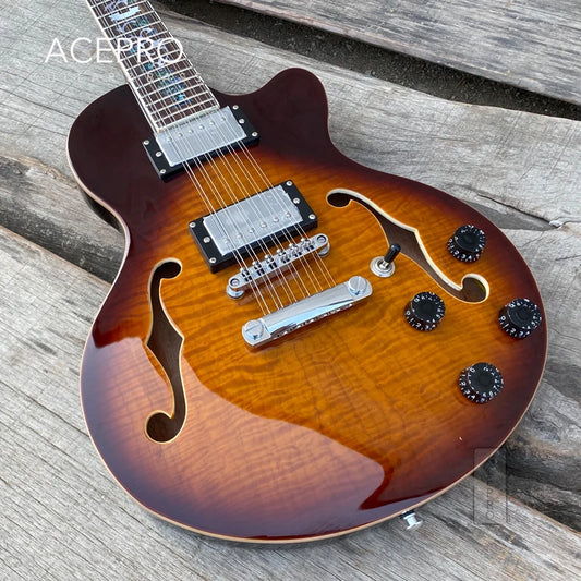 GROTE 12 String F holes Semi Hollow Body Electric Guitar (Sunburst Flamed Maple with Abalone Flower Inlays)