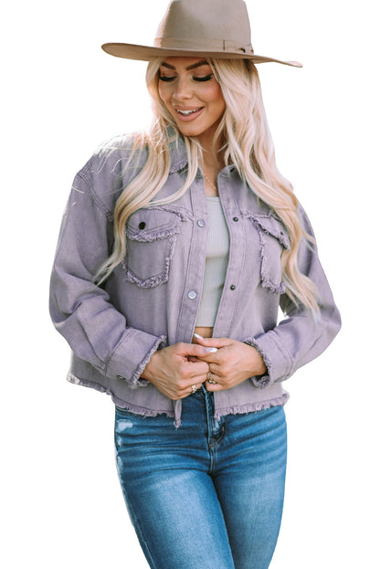 Green Distressed Flap Pockets Frayed Hem Denim Jacket