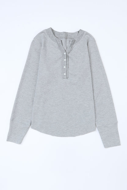 Gray Solid Color Waffle Knit Long Sleeve Henley Shirt
