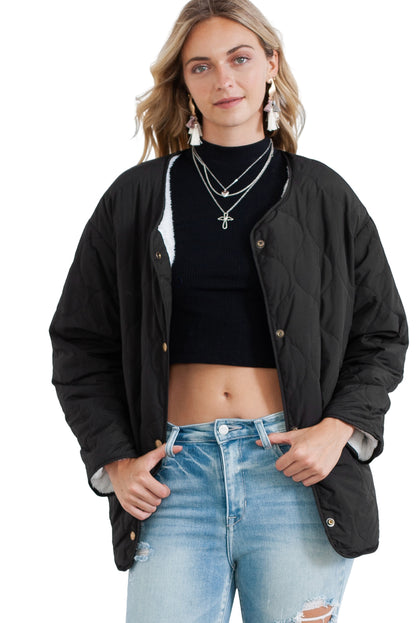 Black Snap Button Furry Reversible Quilted Coat